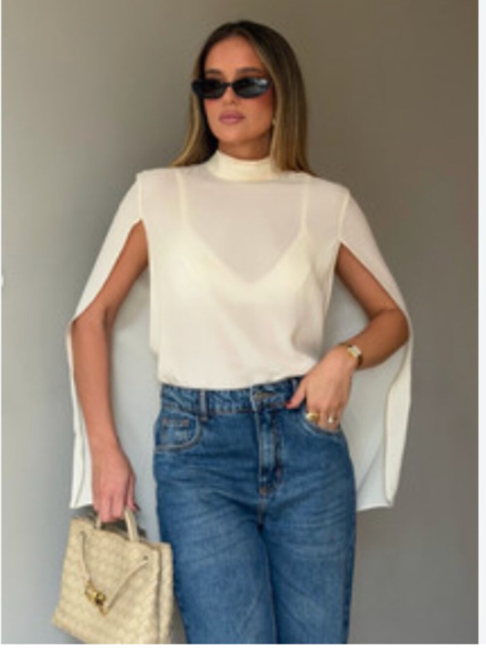 ZARA Ecru High Neck Cape Sleeve Open Back Blouse NWT S